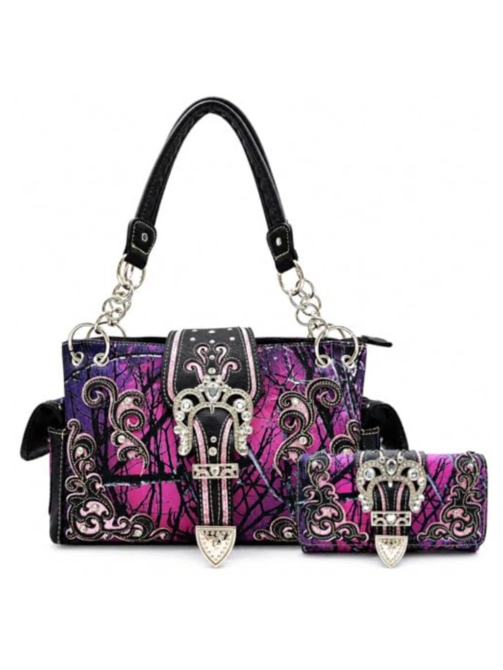 Vegan Leather Western Camouflage Crown Buckle Purse Wallet Set Shoulder